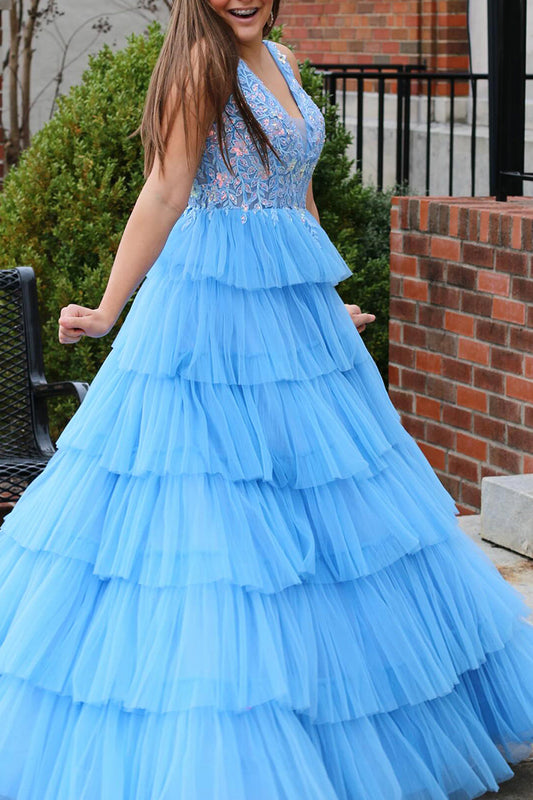 A Line V-Neck Long Tiered Prom Dress with Slit And Appliques