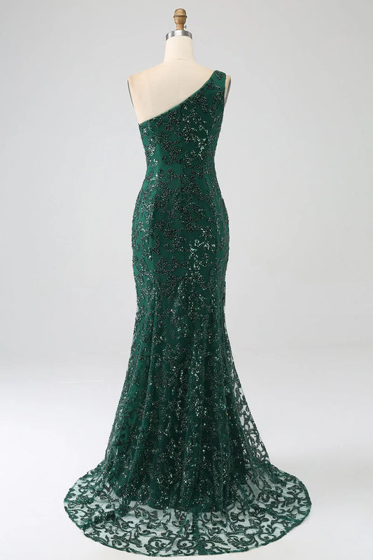 Sparkly Beaded Long Mermaid Lace Prom Dress With Slit