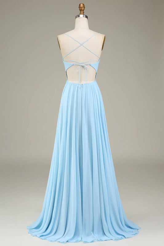 Sky‑Blue Chiffon A‑Line Sweetheart Spaghetti‑Strap Crisscross Lace‑Up Back Floor‑Length Bridesmaid Dresses
