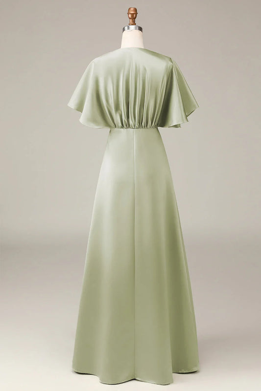 Sage Satin A‑Line Deep V‑Neck Flutter Sleeve Zipper Back Floor‑Length Bridesmaid Dresses