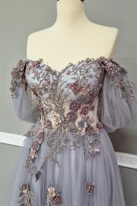 A-line Backless Floor Length Off The Shoulder Tulle Applique Long Prom Dress