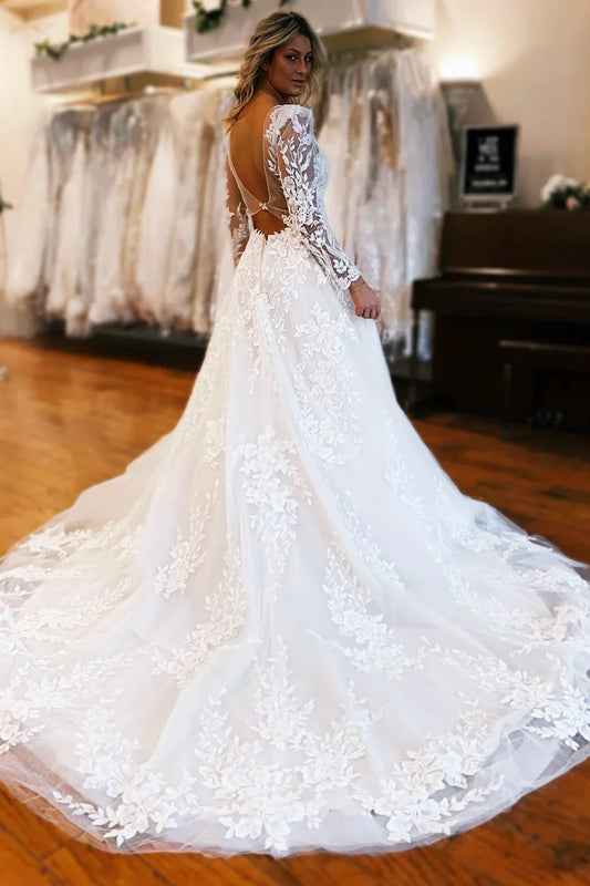A-Line Deep V Long Wedding Dress With Appliques