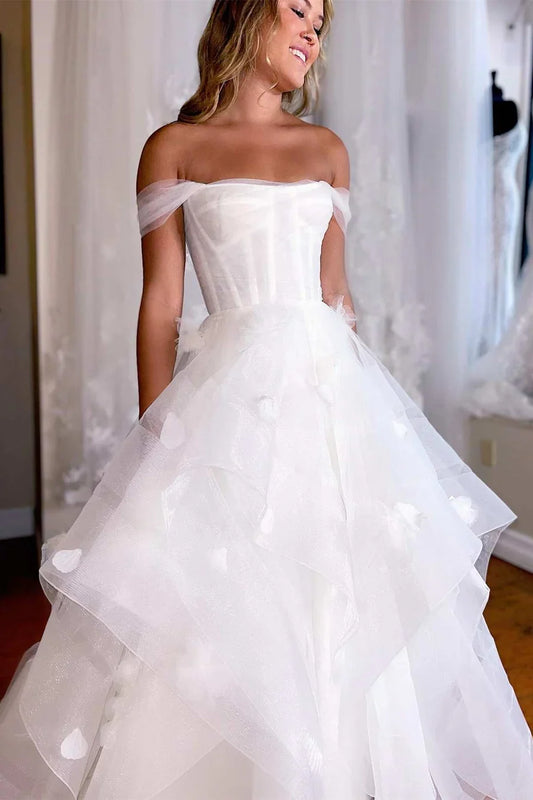 A-Line Off-the-Shoulder Tiered Wedding Dress with Flowers