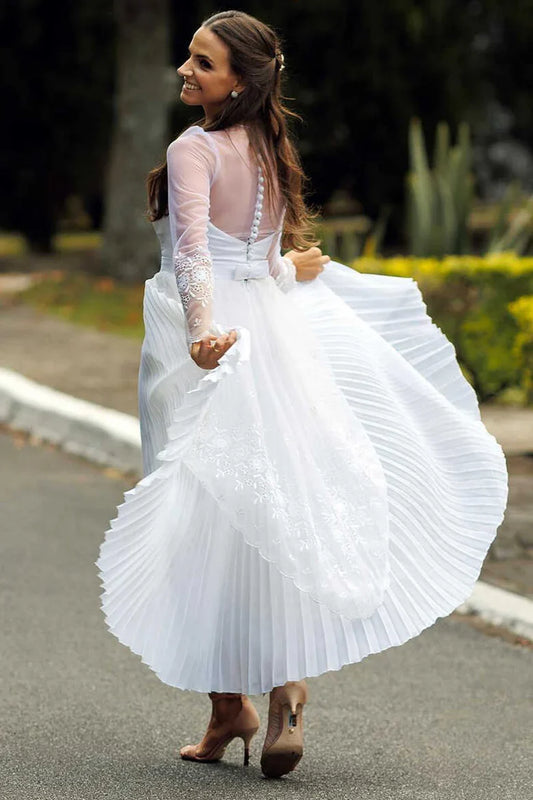Sweetheart Long Sleeve Tea-length Wedding Dress