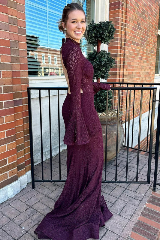 Lace High Collar Trumpet Prom Dress with Long Sleeves