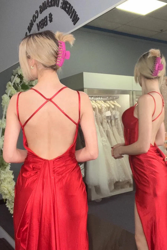 Off-the-Shoulder Backless Spaghetti Strap Mermaid Prom Dress with High Slit