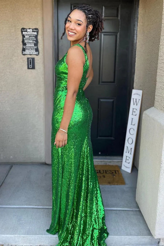 Sequin Square Neck Mermaid Prom Dress with Slit