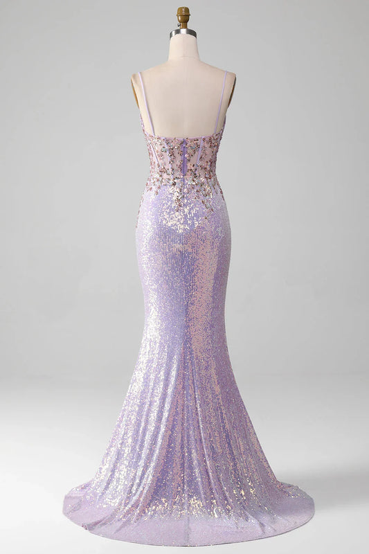 Sparkly Spaghetti Straps Mermaid Prom Dress With Slit