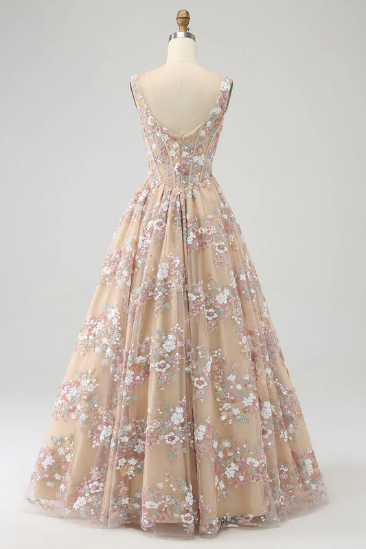 A Line Square Neck Corset Prom Dress With Appliques