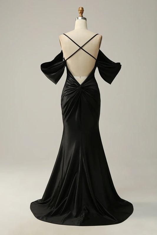 Spaghetti Straps Backless Cold Shoulder Mermaid Satin Prom Dress