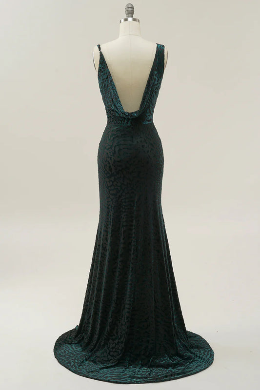 Mermaid V Neck Dark Green Velvet Long Prom Dress