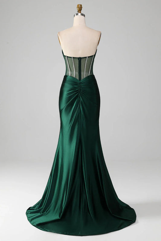 Dark Green Mermaid Sweetheart Corset Prom Dress With Split Front