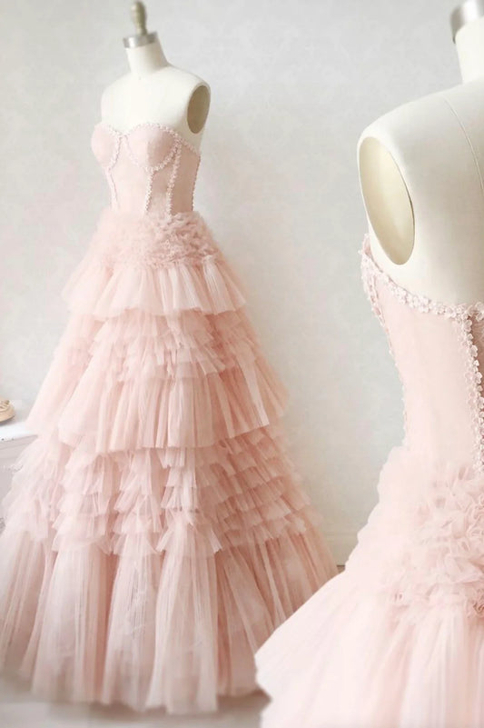 A-Line Strapless Pink Tulle Lace Long Prom Dresses