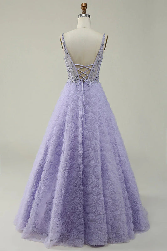 A Line V Neck Long Prom Dress With 3D Flowers