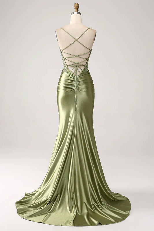 Mermaid Spaghetti Straps Lace-Up Back Prom Dress With Slit