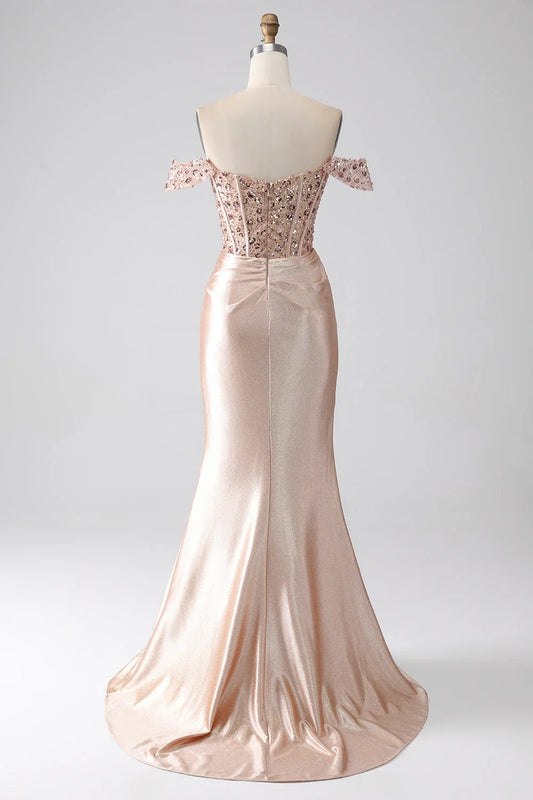 Off Shoulder Sweetheart Mermaid Champagne Corset Prom Dress