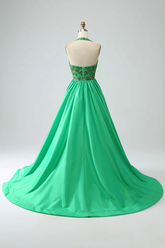 Satin Halter Prom Dress With Beading