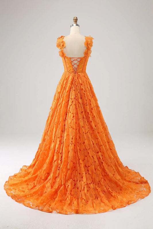 Off Sleeves A-Line Floral Lace Long Prom Dress With Slit