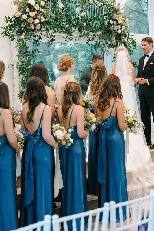 Wedding Dress For Guest/Simple Mermaid Spaghetti Straps Blue Long Bridesmaid Dresses with Bow Back/Formal Wear Dresses