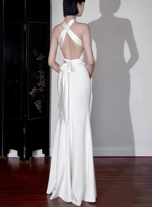 Formal Women's Dresses Halter A Line White Satin Wedding Dress Long Evening Prom Dress Prom Dress Store