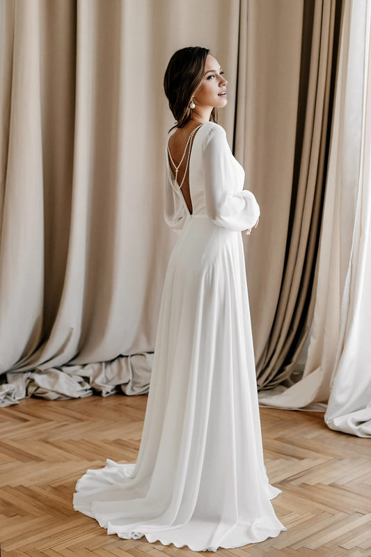 Wedding Dress Puff Long Sleeve Beach Wedding Dress Reception Backless Wedding Dress A-line Bride Dress