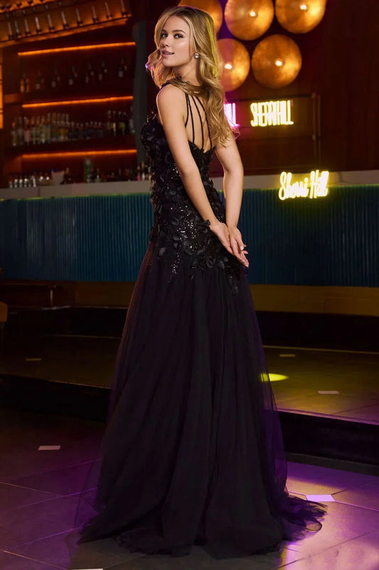 Dress Black Tulle Gown One Shoulder Sheer Embroidered Bodice High Slit Skirt And A Ball Gown Shape Prom Dress