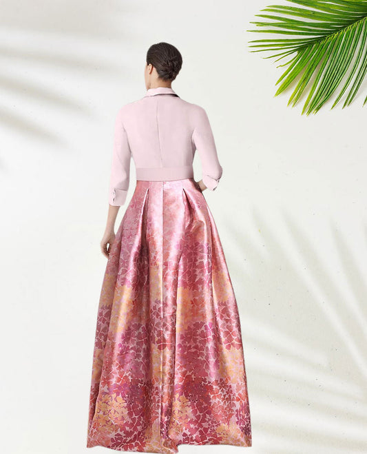 Dress Pink Blue A-Line Elegant Formal Wedding Floor Length Half Sleeve Shirt Collar Satin With Floral Print Slit Wedding Guest Dress Evening Dress