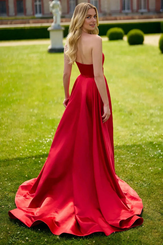 Dress Red Satin Strapless Evening Gown with Ball Gown Design and High Slit Radiating Luxurious Sophistication Prom Dress