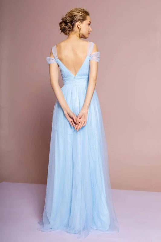 Sky‑Blue Tulle A‑Line Sweetheart Off‑The‑Shoulder Tulle‑Sleeve V‑Back Zipper Floor‑Length Bridesmaid Dresses