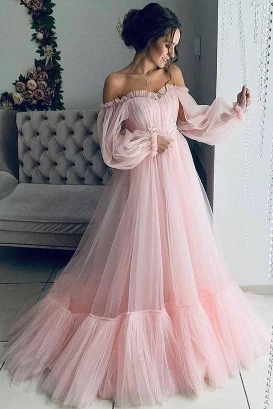A-line Off Shoulder Long Puffy Sleeves Pink Tulle Floor Length Formal Gown Prom Dress Prom Dresses Stores