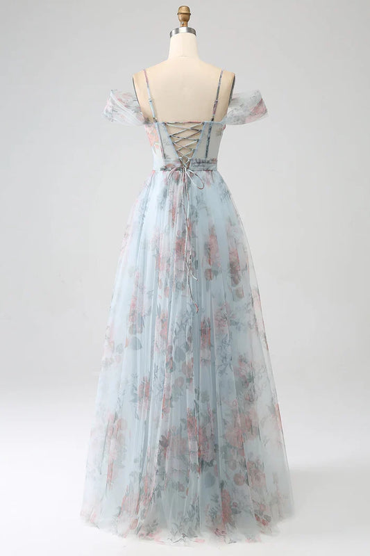 Dress A-Line Blue Printed Cold Shoulder Corset Party Dress Sleeveless Maxi Dress With Slit Prom Dress
