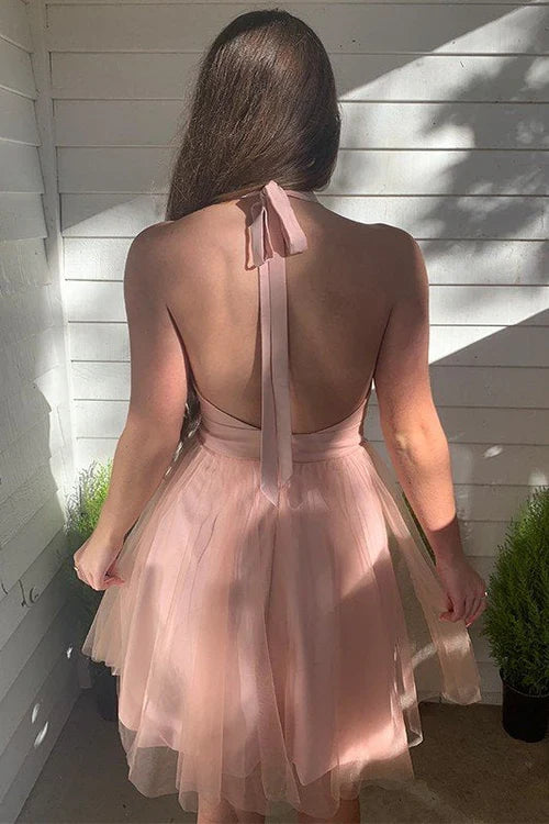 Dress A-Line Blush Deep V-Neck Tulle Homecoming Dress Sleeveless Open Back Party Dress
