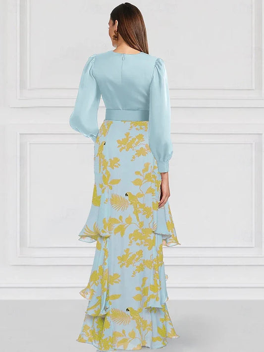 Dress A-Line Elegant Dress Formal Wedding Floor Length Long Sleeve V Neck With Floral Print Wedding Guest Dress Evening Dress