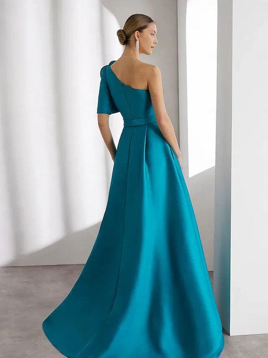 Dress A-Line Elegant Dress Formal Wedding Floor Length Short Sleeve One Shoulder Champagne Mother Of the Bride Dress Satin With Shouder Flower Evening Dress