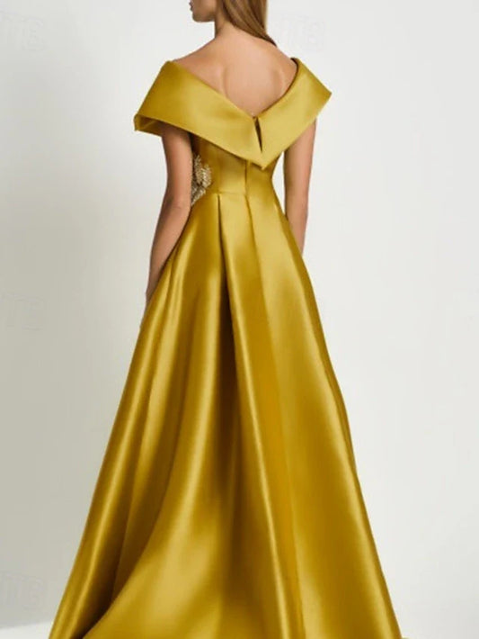 Dress A-Line Elegant Dress Wedding Guest Floor Length Short Sleeve V Neck Satin Evening Dress