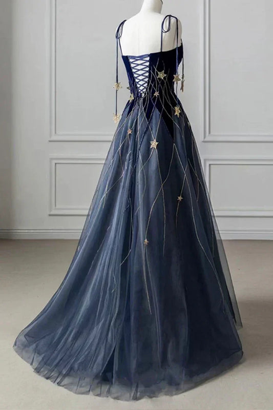 Dress A-Line Elegant Navy Blue Spaghetti Strap Long Prom Dress With Star