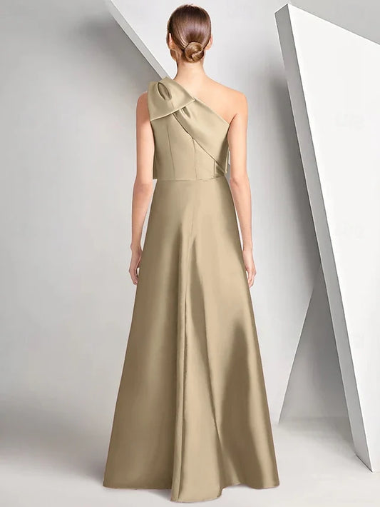 Dress A-Line Evening Dress Elegant Formal Floor Length Sleeveless One Shoulder Fall Wedding Guest Satin With Bow(s)