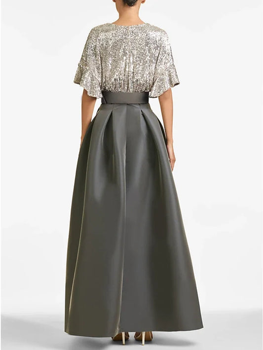 Dress A-Line Evening Dress Elegant Formal Wedding Guest Ankle Length Half Sleeve V Neck Fall Wedding Guest Sequined With Sequin