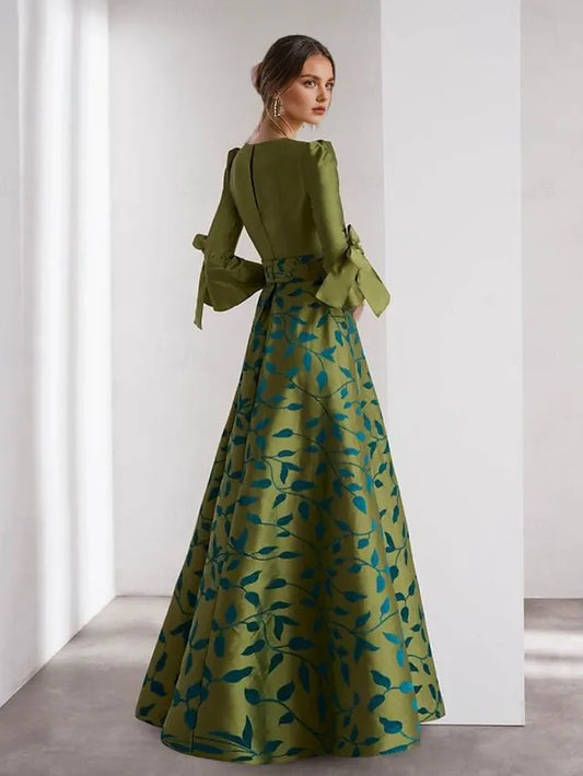 Dress A-Line Evening Dress Formal Wedding Floor Length 3/4 Length Sleeve V Neck Champagne Mother Of the Bride Dress Satin With Floral Print Bow(s) Slit