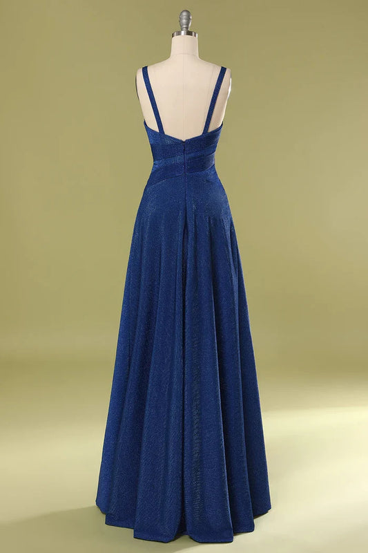 Dress A-Line Floor-Length V Neck Glitter Royal Blue Sleeveless Pleated Long Prom Dress