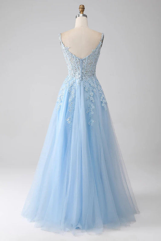 Dress A-Line Light Blue Corset Party Dress Sleeveless Maxi Dress With Appliques Prom Dress