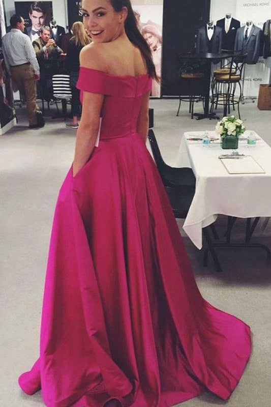 Dress A-Line Off-the-Shoulder Sweep Train Pink Satin Prom Dress with Pockets