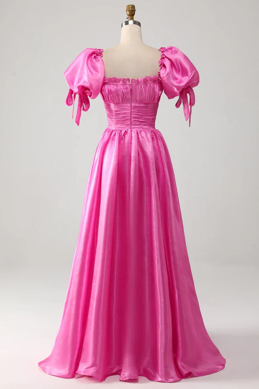 Dress A-Line Puff Sleeves Hot Pink Pleated Party Dress With Ruffles Prom Dress