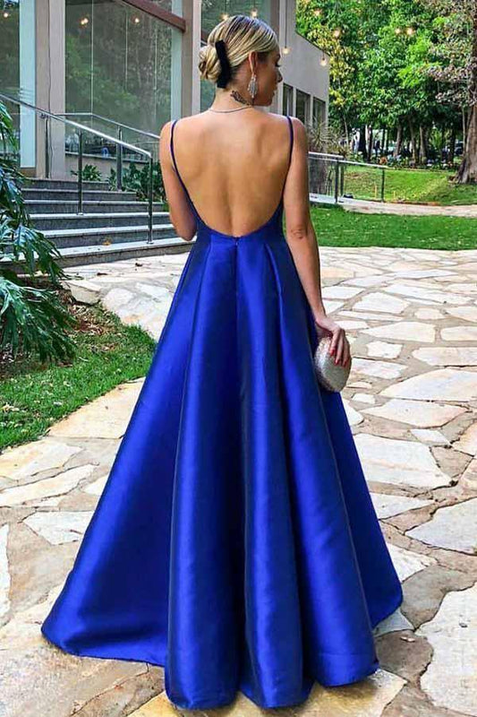 Dress A-Line Spaghetti Straps Floor Length Royal Blue Satin Prom Dress
