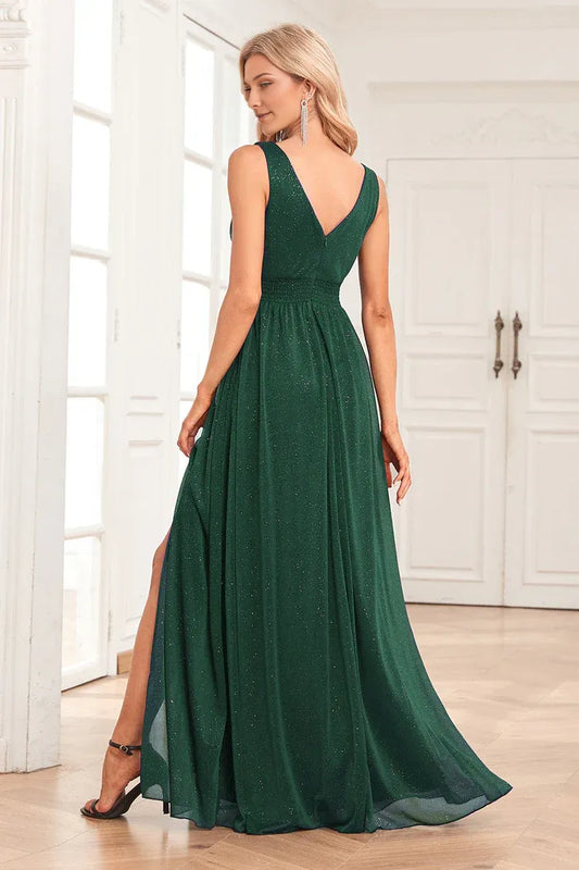Dress A-Line Sparkly V-Neck Dark Green Party Dress Sleeveless Maxi Dress With Slit Prom Dress