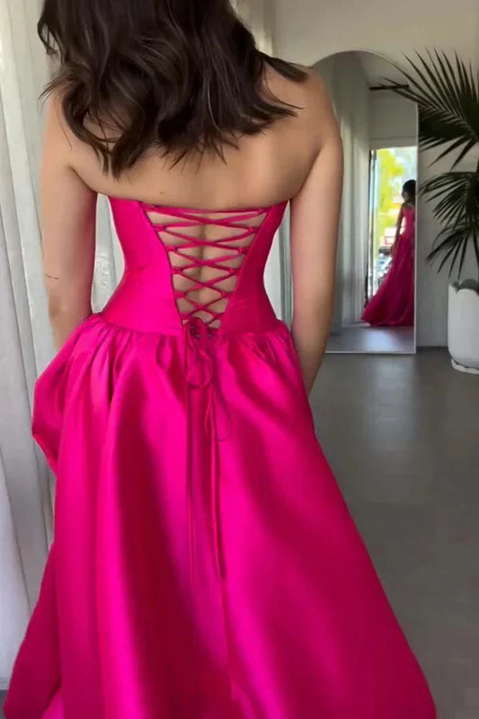 Dress A-Line Strapless Crew Neck Corset Satin Hot Pink Prom Dress