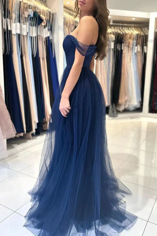 Dress A-line Dark Navy Tulle Evening Dress Long Off-the-Shoulder Sleeveless Prom Dress