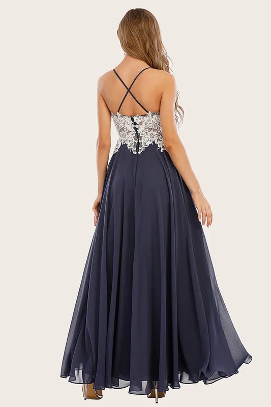 Dress Dusty Blue Long Chiffon A-line Party Dress With Lace Applique Prom Dress