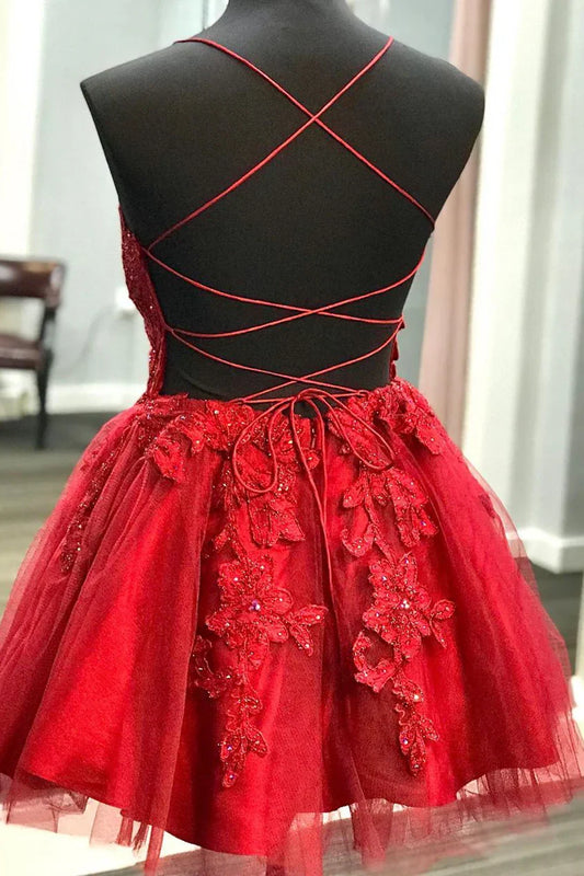 Dress A-line Spaghetti Straps Lace Appliqued Red Short Mini Homecoming Dress