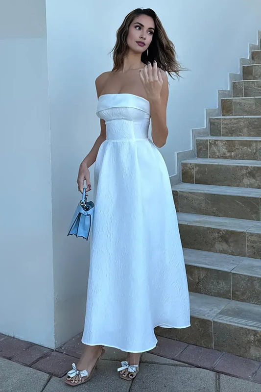 Dress A-line Strapless Cinch Waist Textured Elegant Gowns Maxi Prom Dresses White